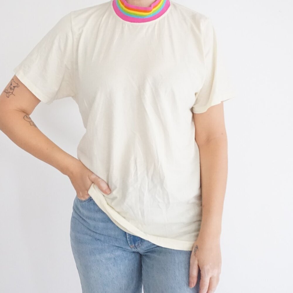 Big Bud Press Rainbow Collar Tee Yellow Retro Ringer Cotton Y2K Minimalist S